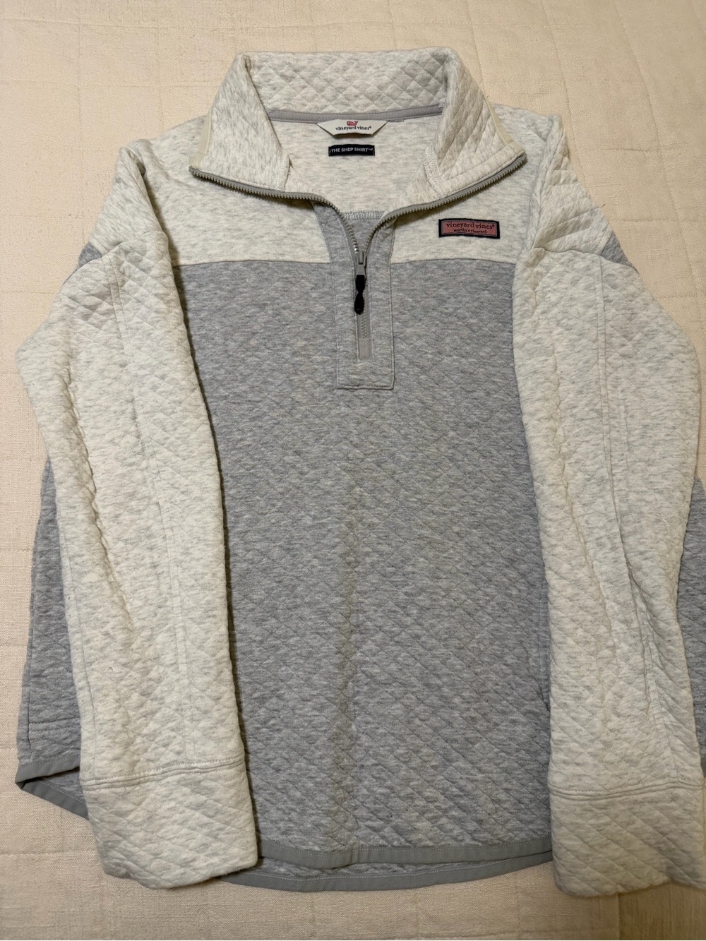 Vineyard Vines Quilted Half-Zip Sweatshirt in Light Gray and Cream